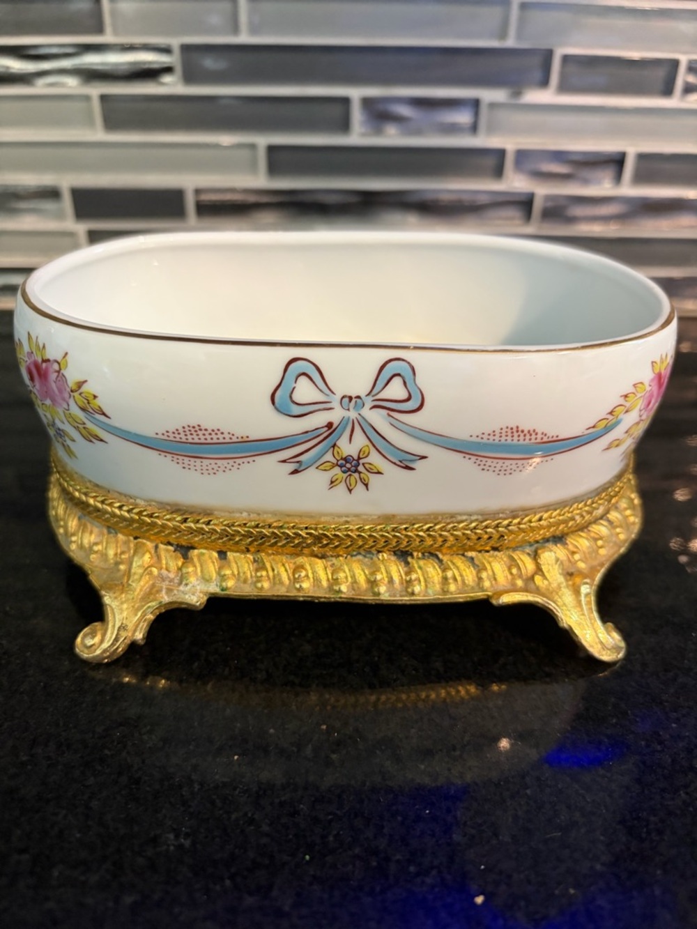 Porcelain Soap Dish with Blue Bow Ribbon & Pink Floral Motif on Gold Metal Base